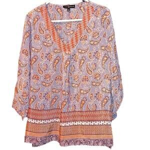 Fred David Large Paisely Floral Geometric Pattern V-Neck 3/4 Sleeve Top EUC